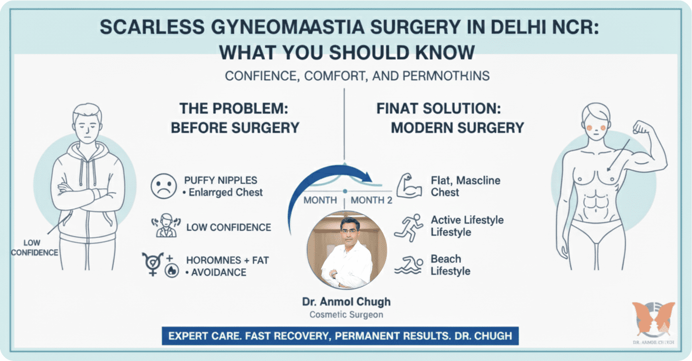 Dr. Anmol Chugh explaining scarless gynecomastia surgery and recovery in Delhi NCR