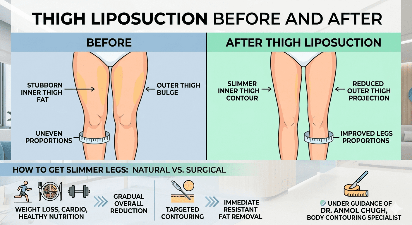 Before and after results of thigh liposuction for slimmer legs