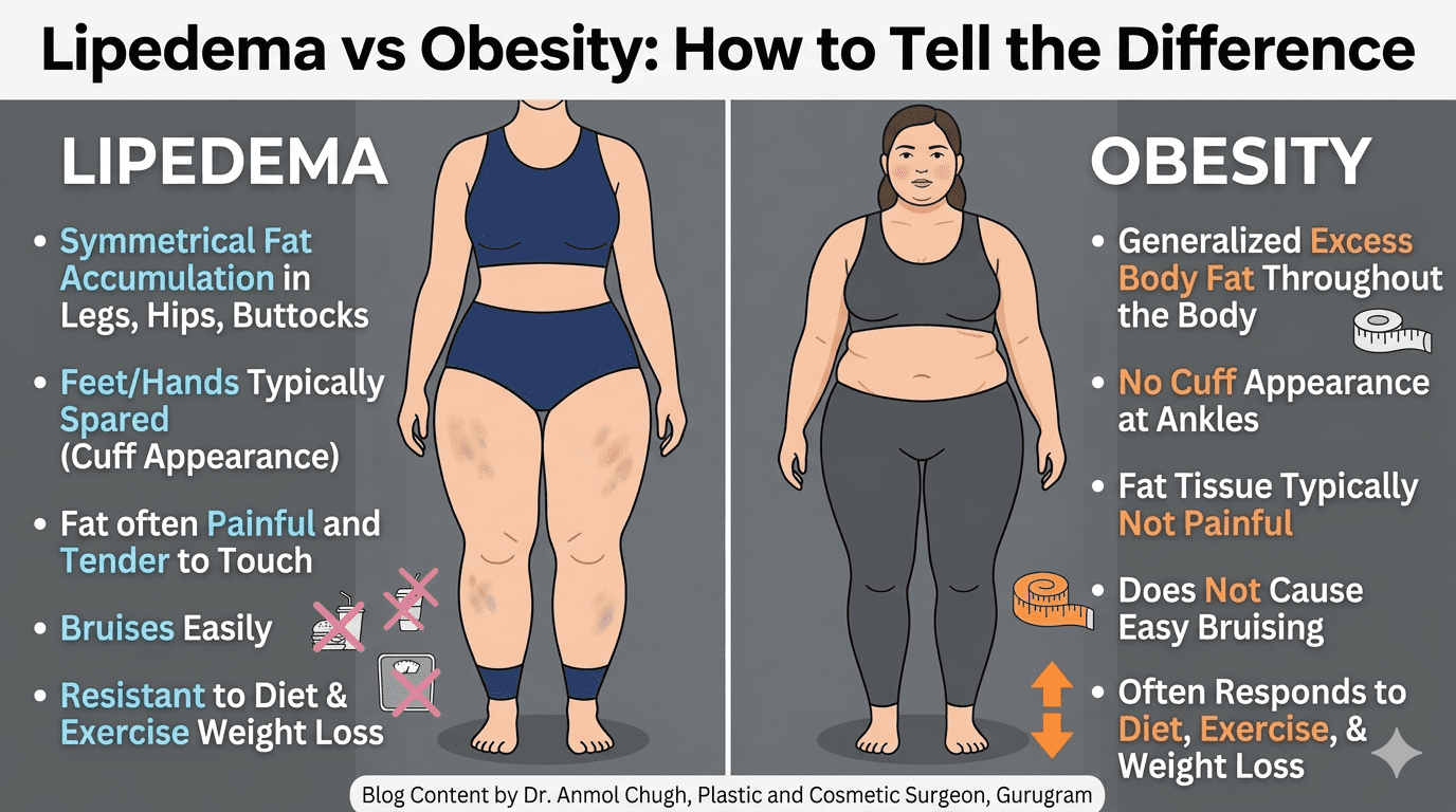 Comparison of lipedema and obesity showing key differences in symptoms and fat distribution