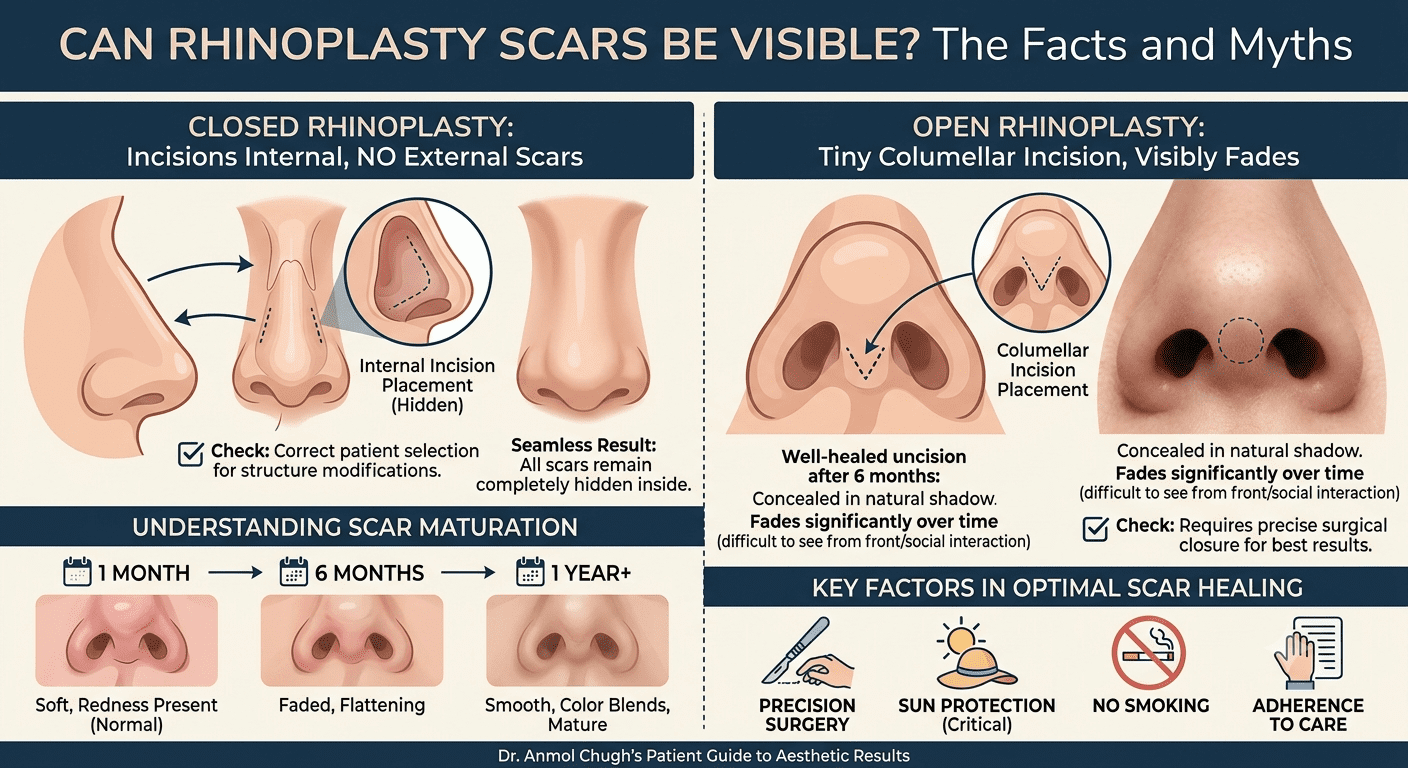 Dr. Anmol Chugh explaining rhinoplasty scars, healing, and visibility after nose surgery