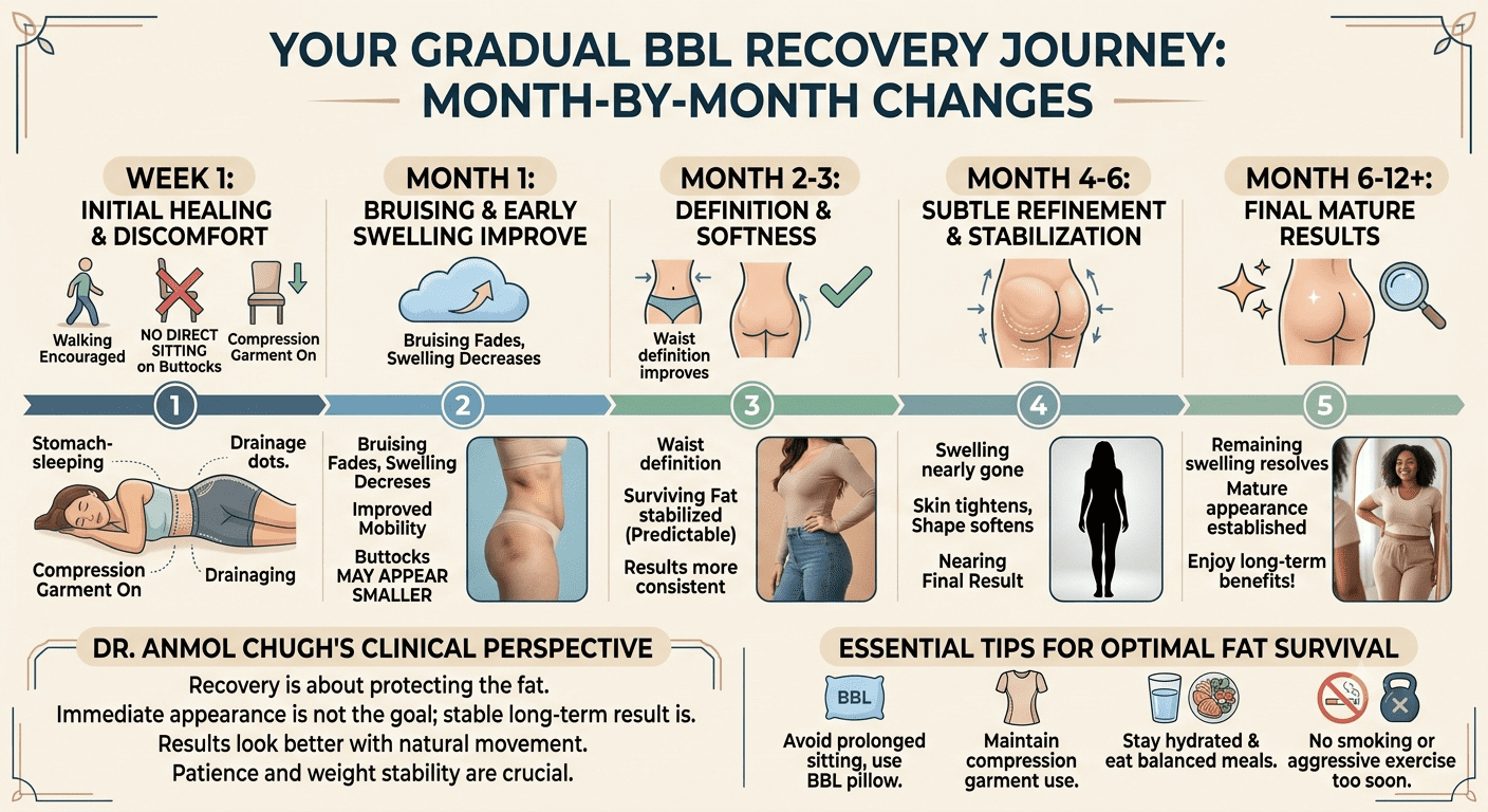 Dr. Anmol Chugh explaining the month-by-month recovery timeline after Brazilian Butt Lift surgery