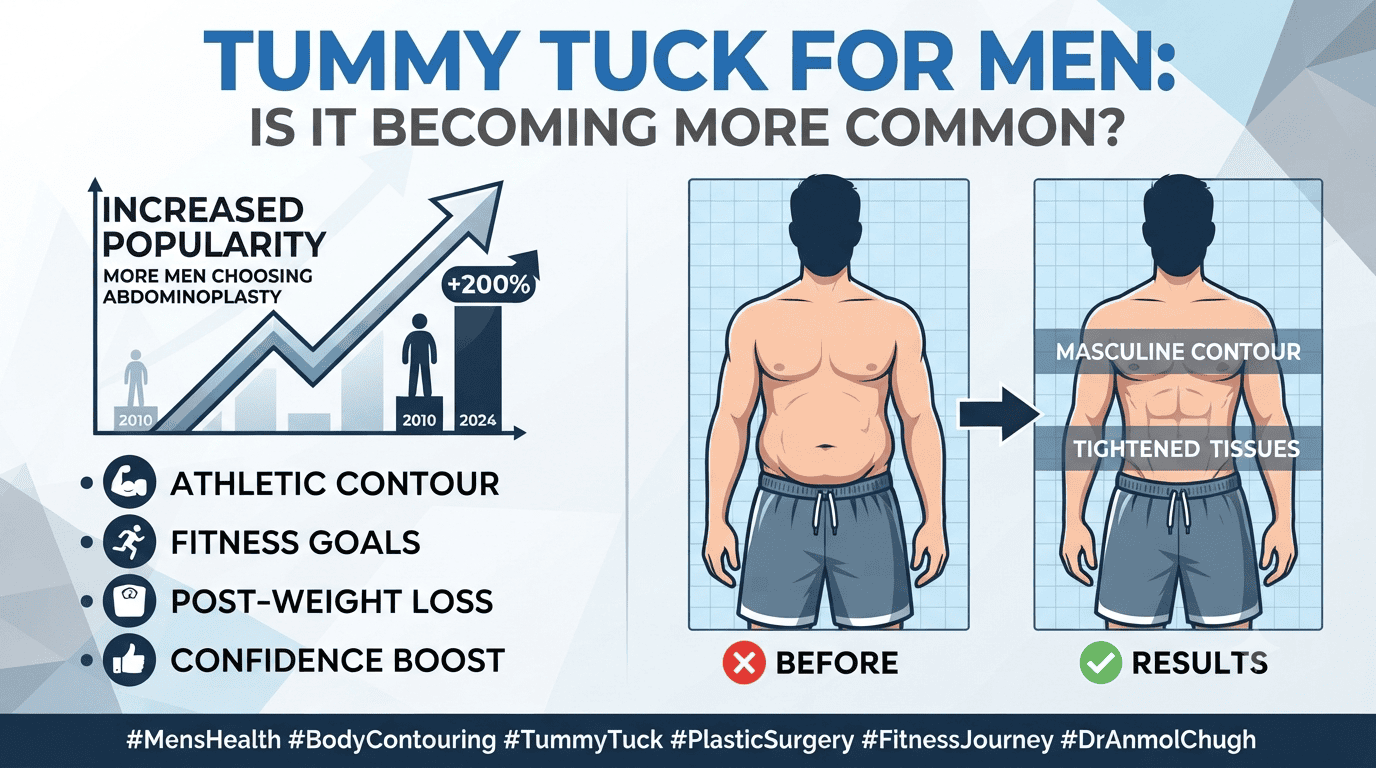 Dr. Anmol Chugh explaining tummy tuck surgery for men, including benefits, recovery, and expected results