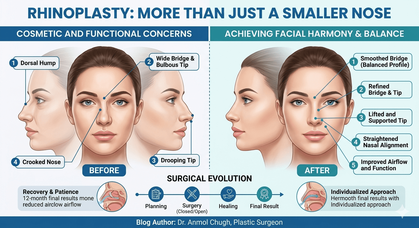 Rhinoplasty improving facial balance, nose shape, and overall facial harmony