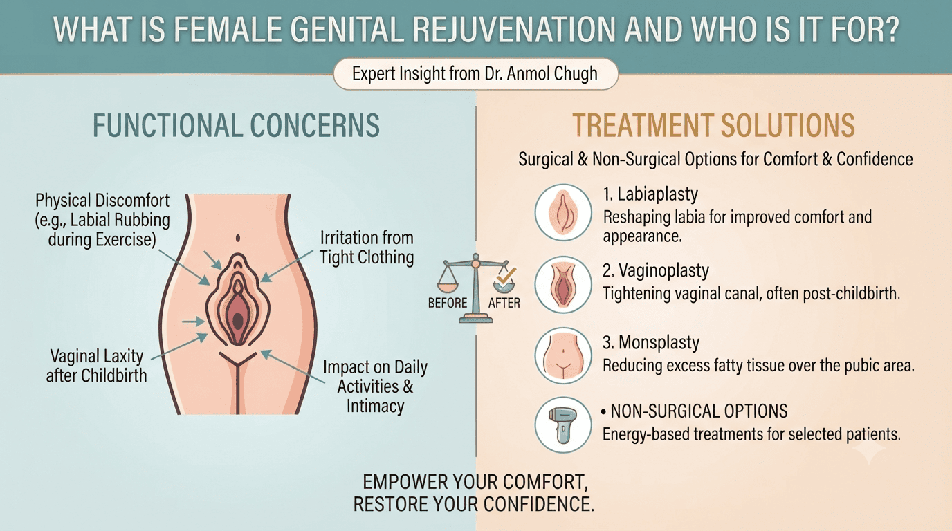 Dr. Anmol Chugh explaining female genital rejuvenation procedures, who they are suitable for, and the available treatment options