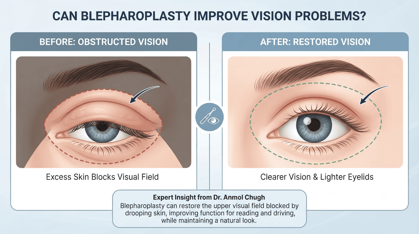 Dr. Anmol Chugh explaining how blepharoplasty can improve vision affected by droopy upper eyelids while enhancing facial appearance