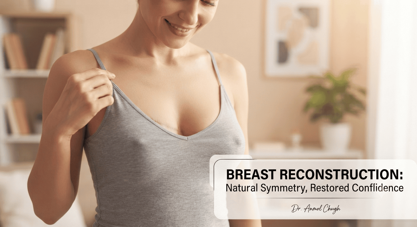 Dr. Anmol Chugh explaining how breast reconstruction can restore breast symmetry and natural shape
