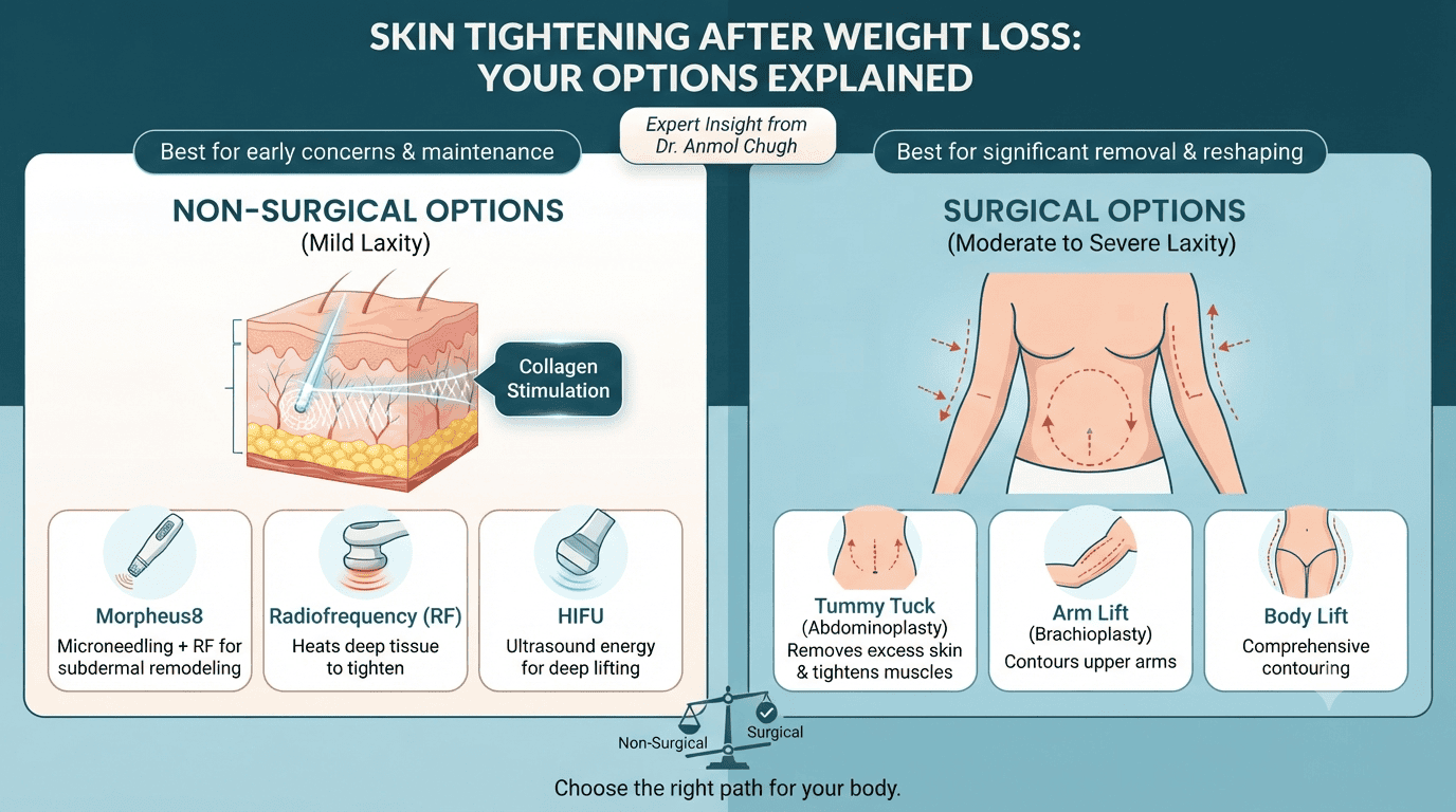 Dr. Anmol Chugh explaining the best surgical and non-surgical skin tightening options for loose skin after significant weight loss