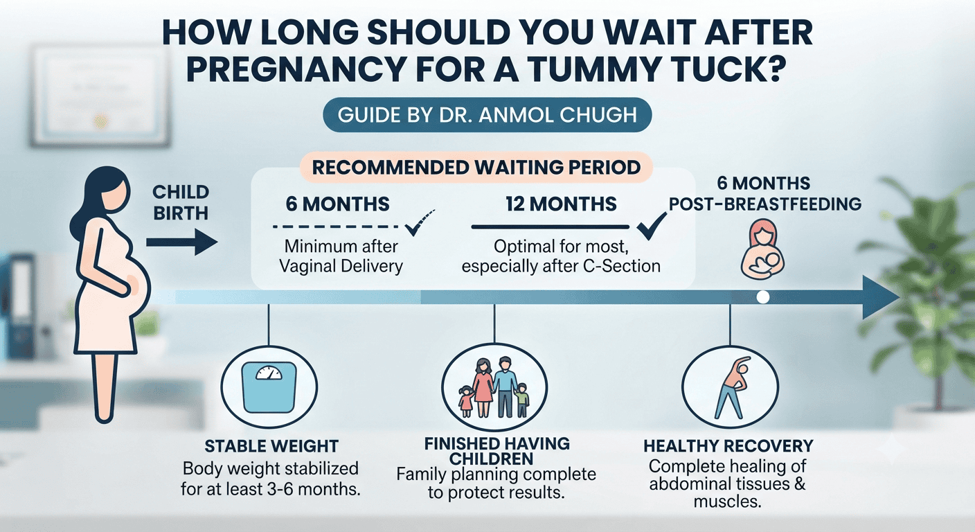 Dr. Anmol Chugh explaining the ideal time to wait after pregnancy before getting a tummy tuck surgery