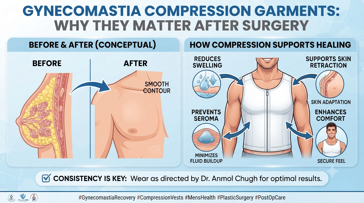 Dr. Anmol Chugh explaining the importance of compression garments after gynecomastia surgery