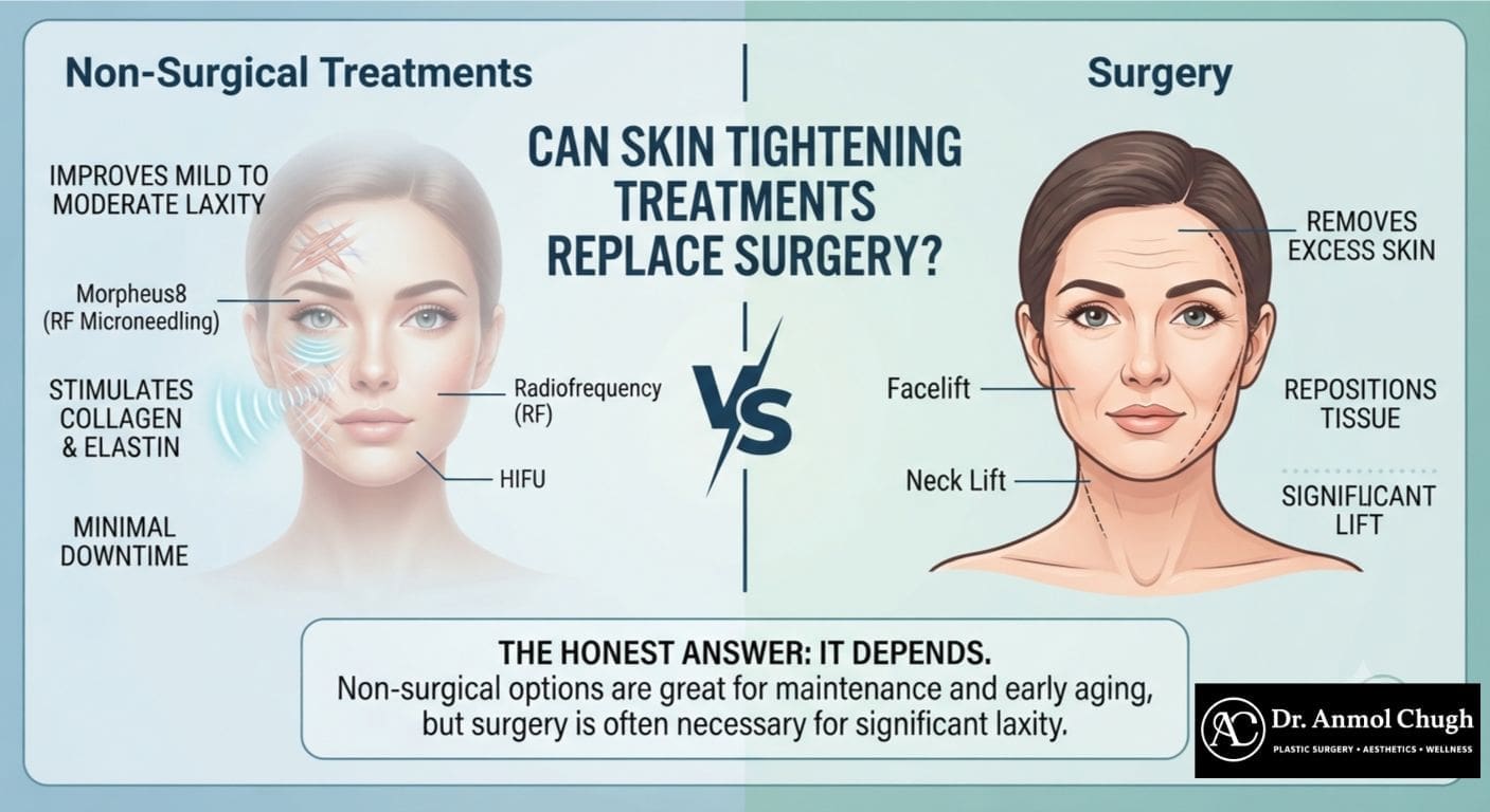 Dr. Anmol Chugh explaining whether skin tightening treatments can replace surgery for loose skin